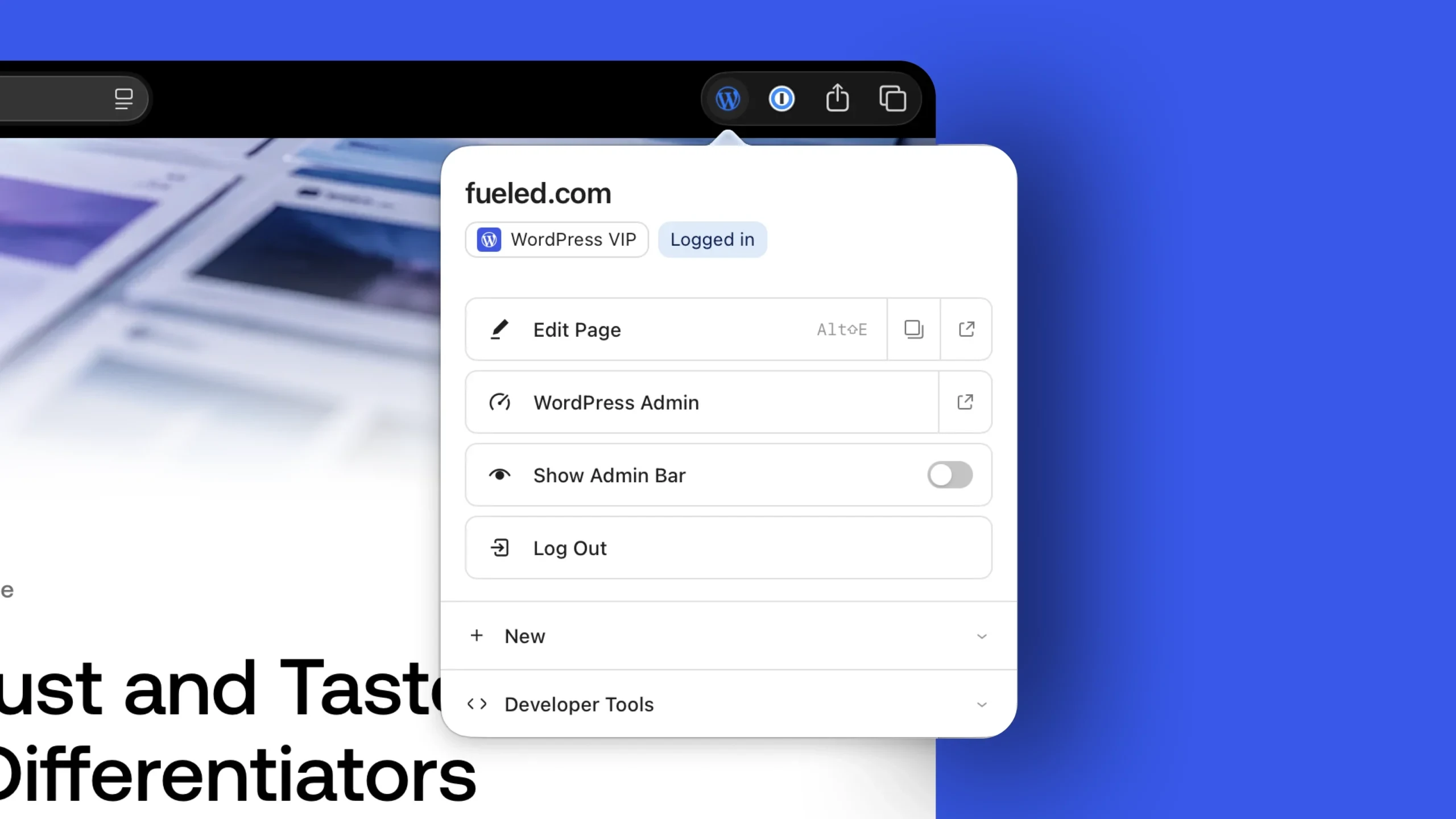 A screenshot of the WordPress Browser Extension, showing multiple capabilities. 