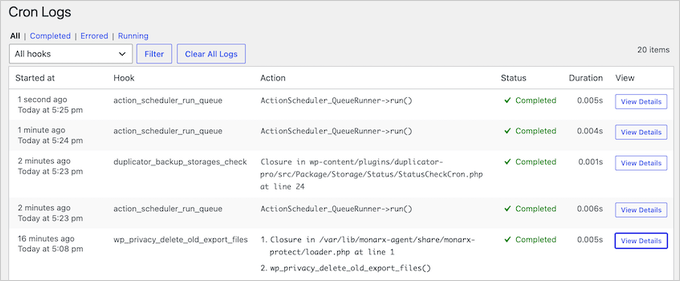The WP Crontrol 2.0 Cron Logs screen listing recent scheduled task runs with their status and duration