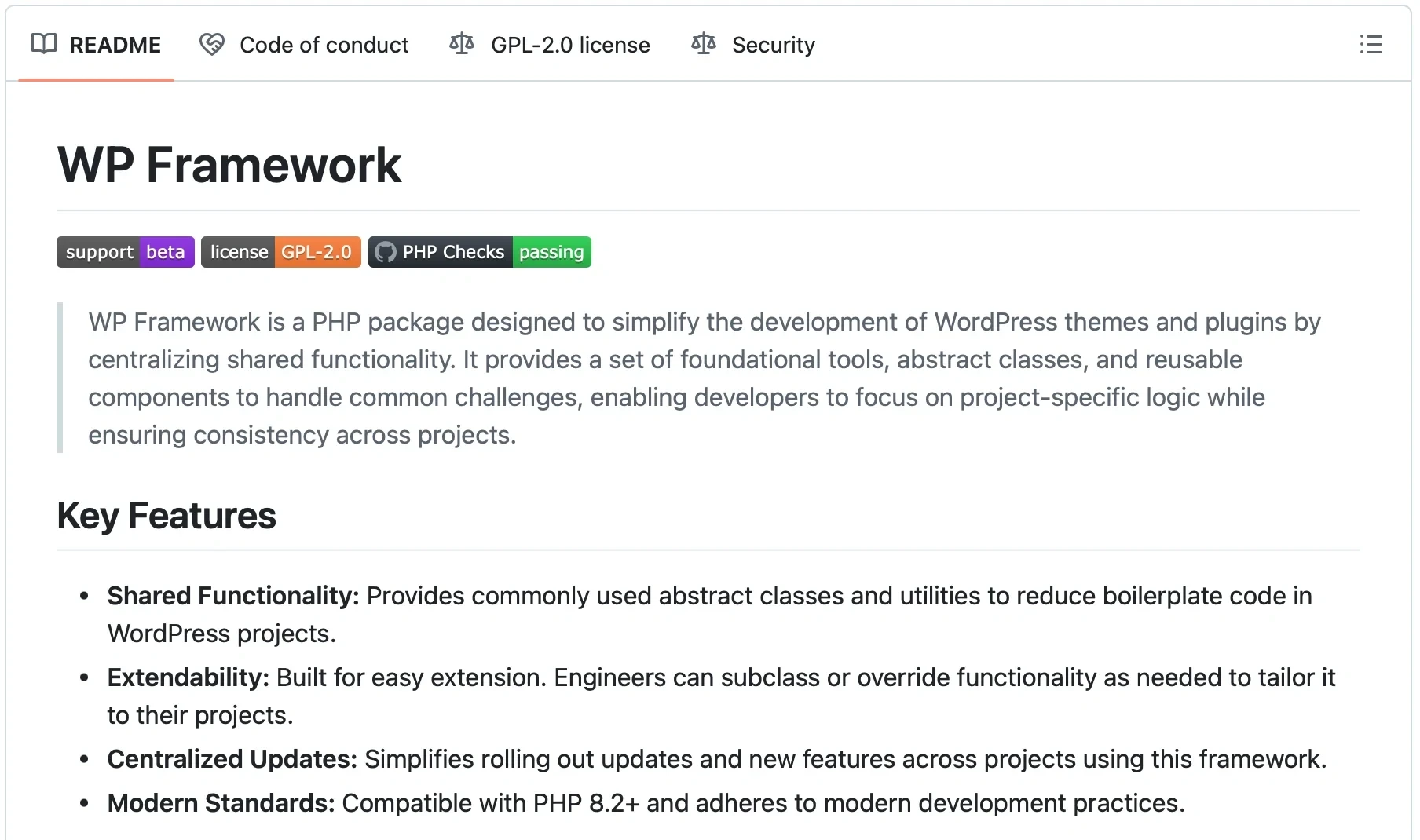 The GitHub page for WP Framework