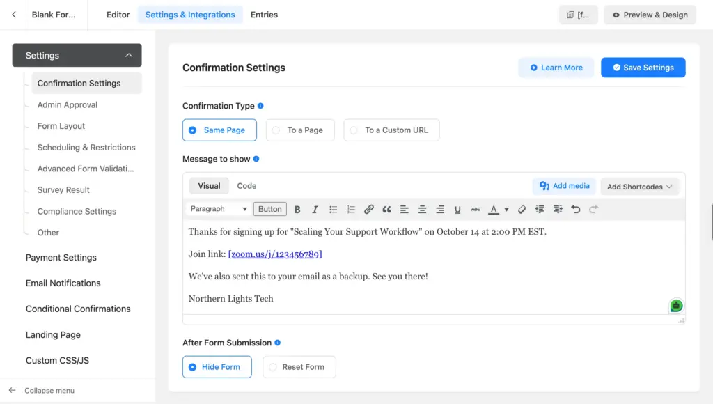 Confirmation message showing a webinar join link after form submission in Fluent Forms