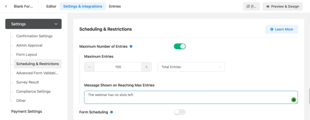 Scheduling and Restrictions settings capping webinar registration at 100 entries in Fluent Forms