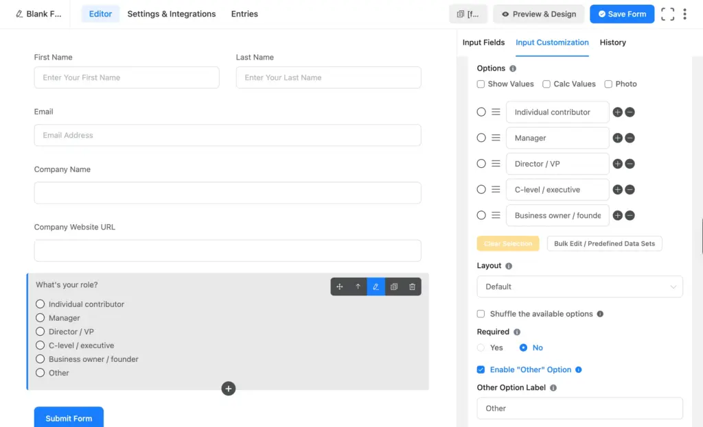 Radio field asking a webinar registrant's role, from individual contributor to business owner, in the Fluent Forms editor