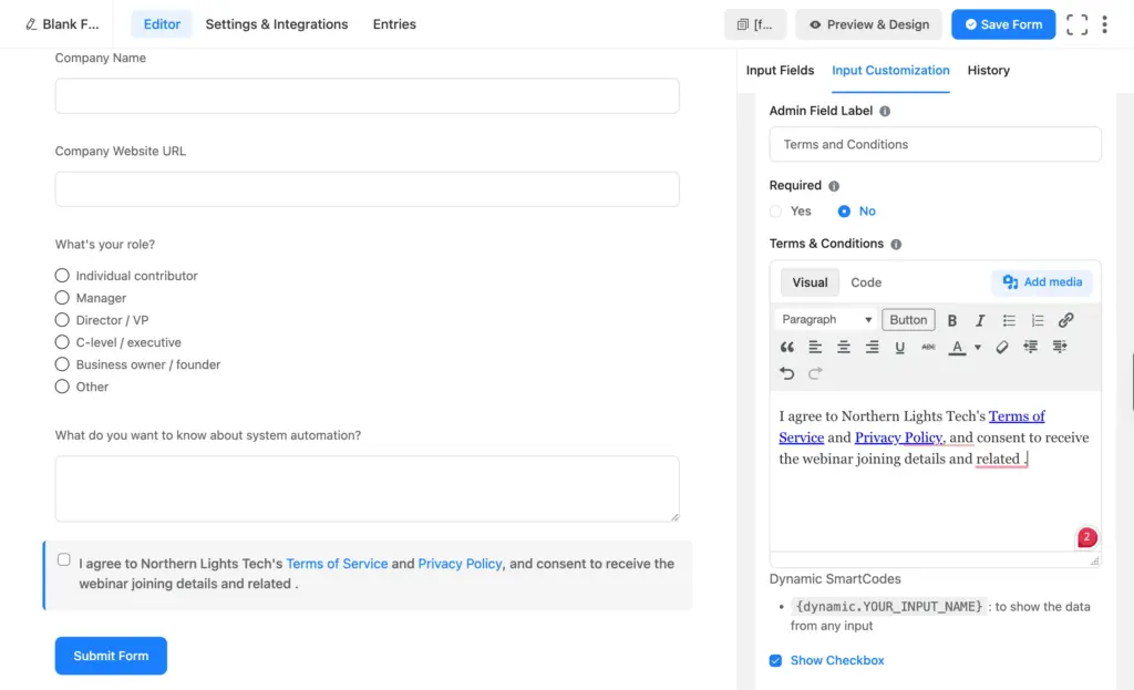 Terms and Conditions checkbox field with consent text in the Fluent Forms editor