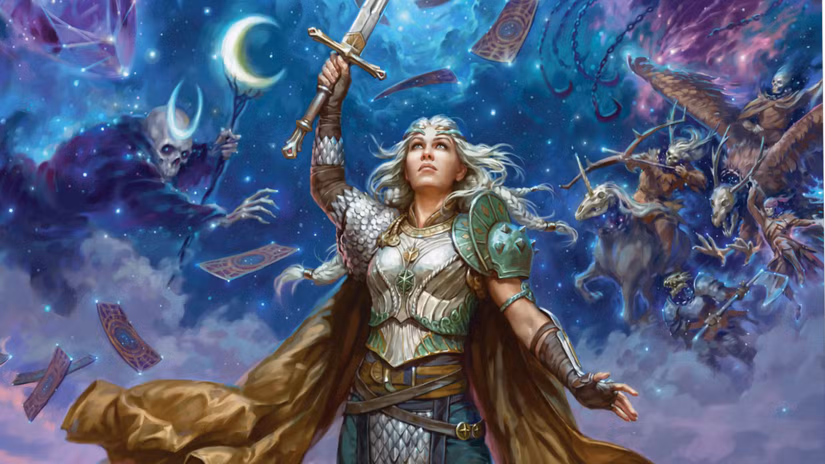 Cover art for The Book of Many Things, which comes bundled inside The Deck of Many Things — a boxed set of cards from Wizards of the Coast, made for Dungeons & Dragons. It shows a female-presenting person in metal armor holding a sword aloft. The heavens open around them, with spectral horses and demonic entities reaching toward their sword.
