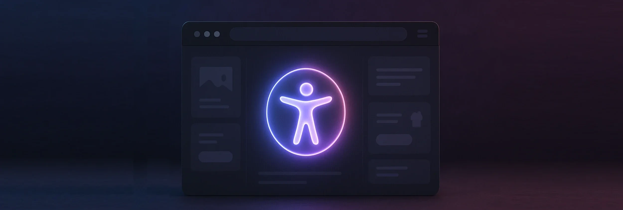 An accessibility symbol glows in hues of purple and pink in a dark web browser.