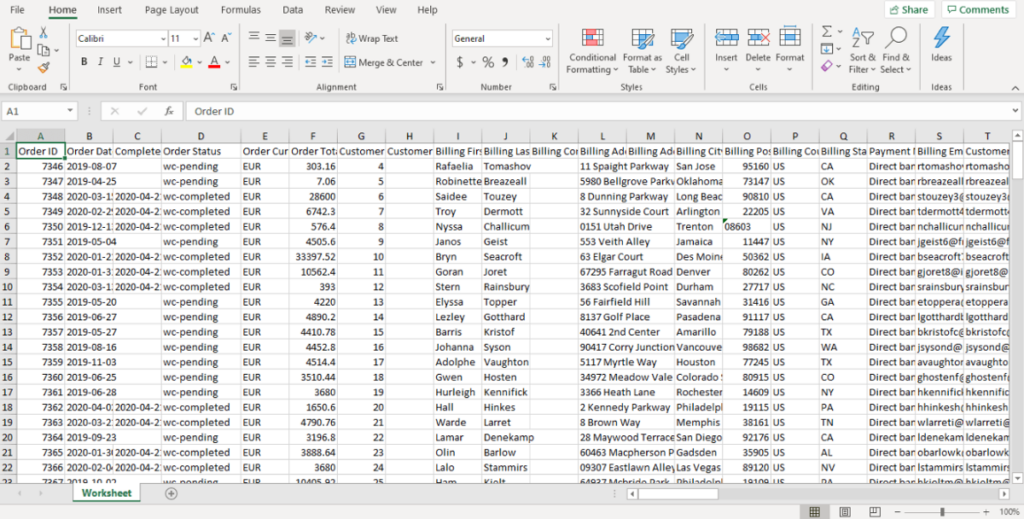 WooCommerce order excel file