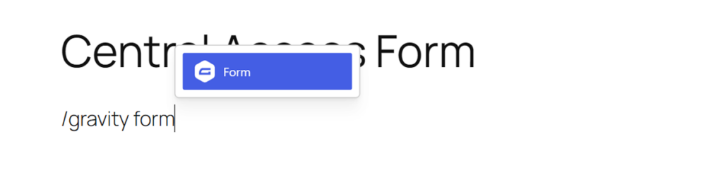 WordPress Block editor showing the Gravity Forms block