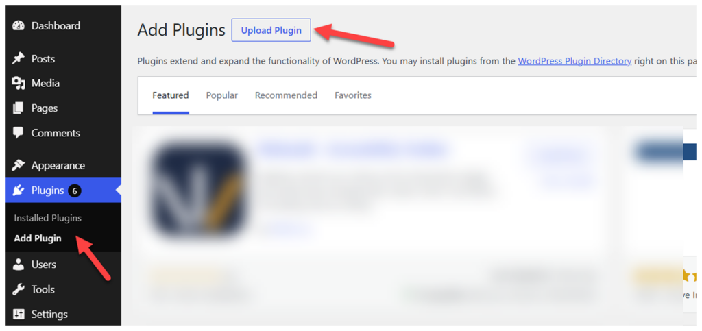 WordPress dashboard with Upload Plugin selected