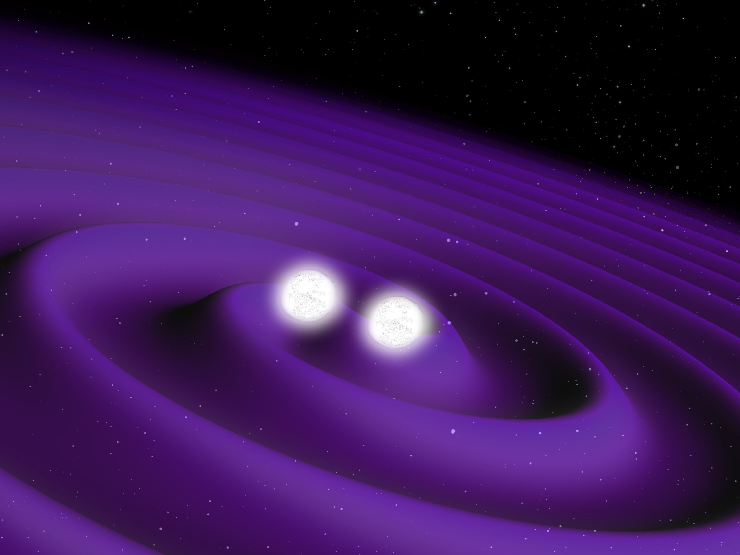 Two white stars circle each other, with purple swirls on them