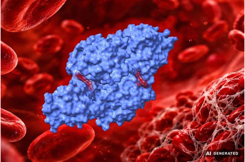 A molecular view of the risk of thrombosis. Red blood cells in the blood (left) release haem during haemolysis. This binds to plasmin (blue protein in the centre) and inhibits the breakdown of the fibrin network (right).