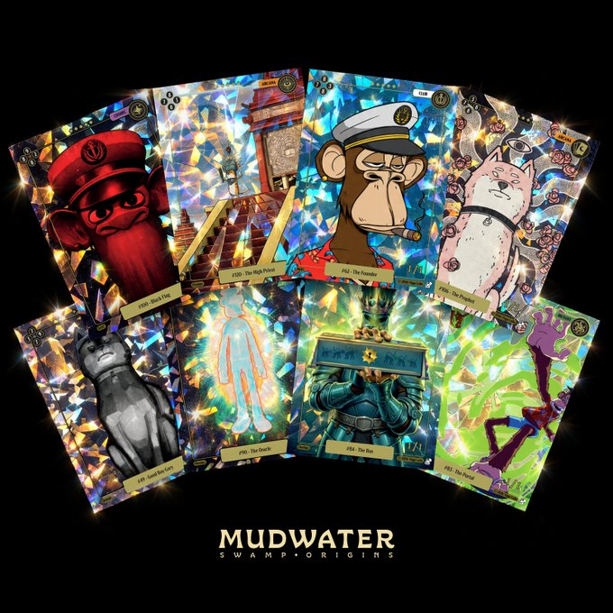 Physical and digital Bored Ape cards from the Mudwater TCG on Solana