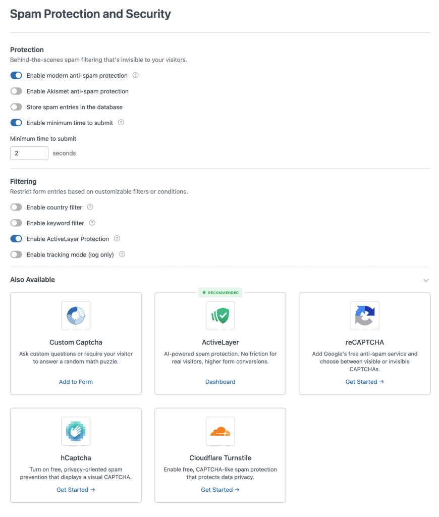 Spam Protection and Security settings panel with toggles for anti-spam, minimum submit time, country/keyword filters, and service cards.
