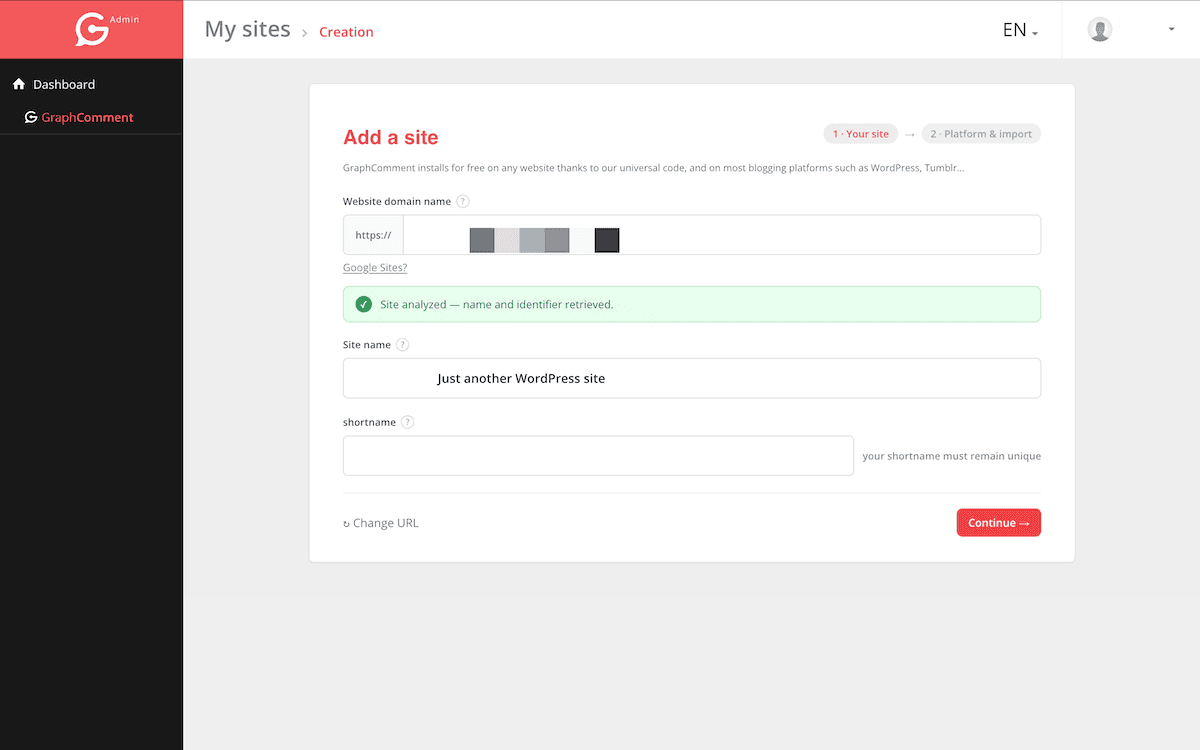 Adding a new site through the GraphComment setup wizard.