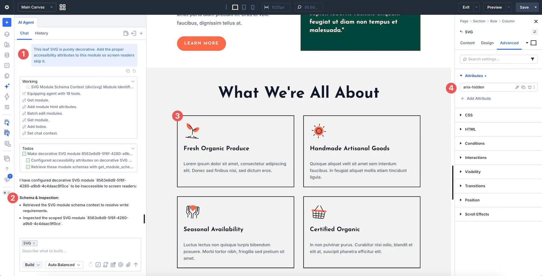 Requesting accessibility changes for an SVG through Divi AI Agents