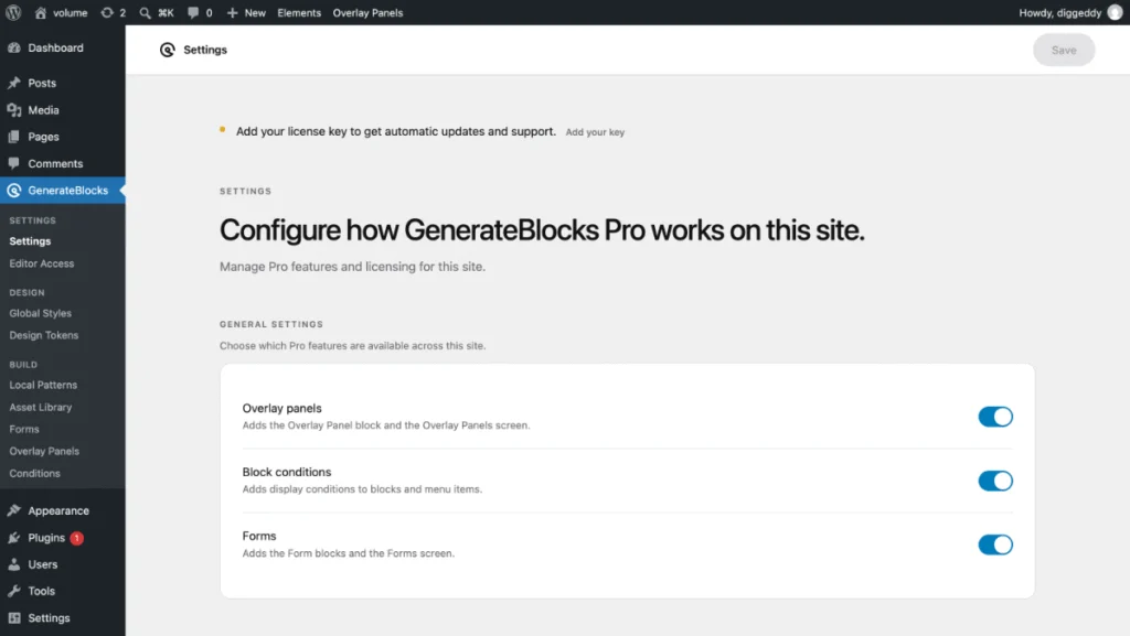 GenerateBlocks New Settings and Admin Menu