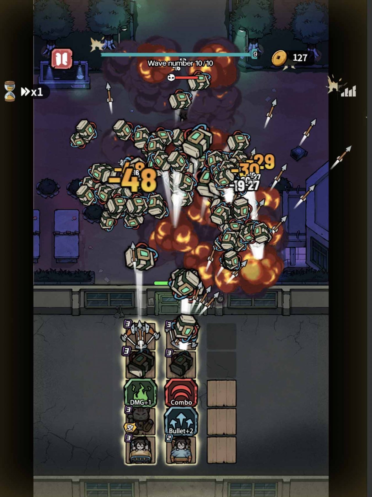 a battlefield filled with explosions with a grid backpack management element at the bottom