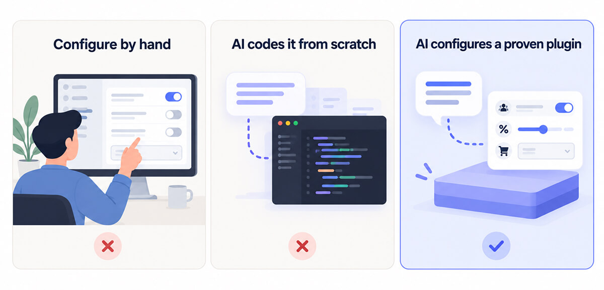 Configuring B2BKing manually vs vibe-coding your own solution vs having AI configure B2BKing as an established plugin.