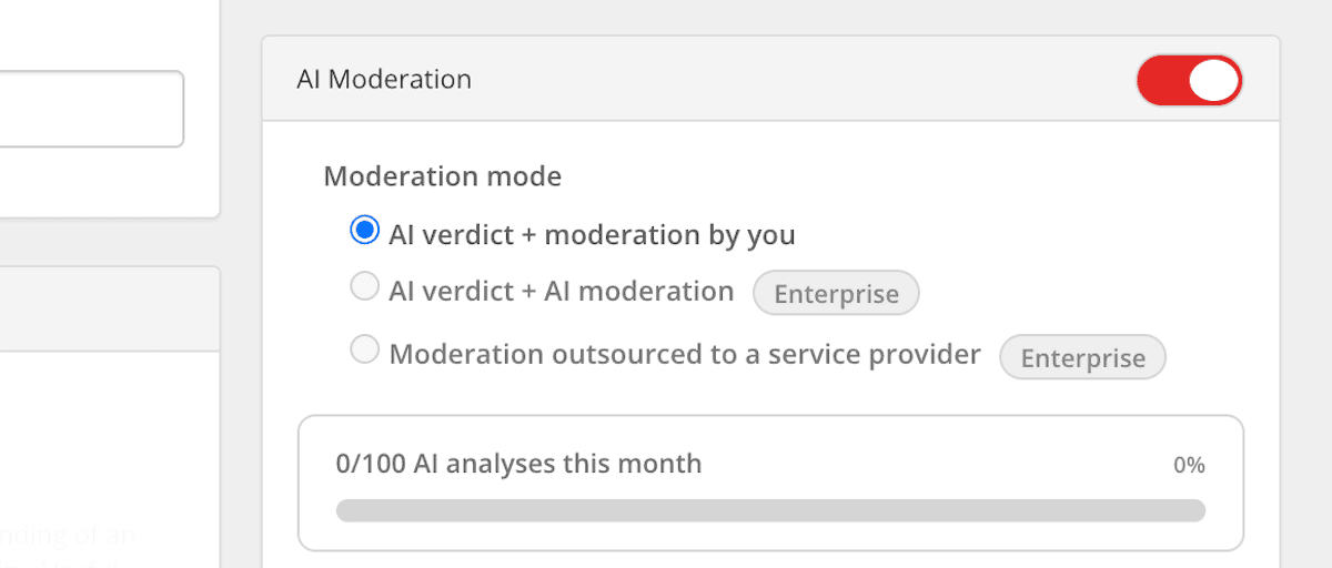 The GraphComment AI Moderation options panel.