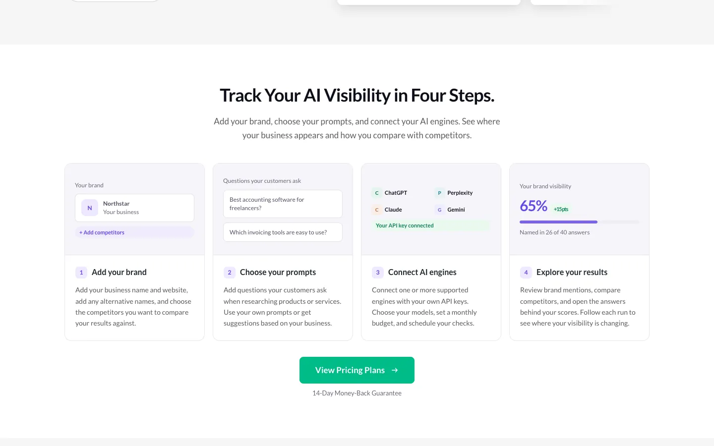 AI Rank Tracker setup steps: add your brand, choose prompts, connect AI engines, explore results