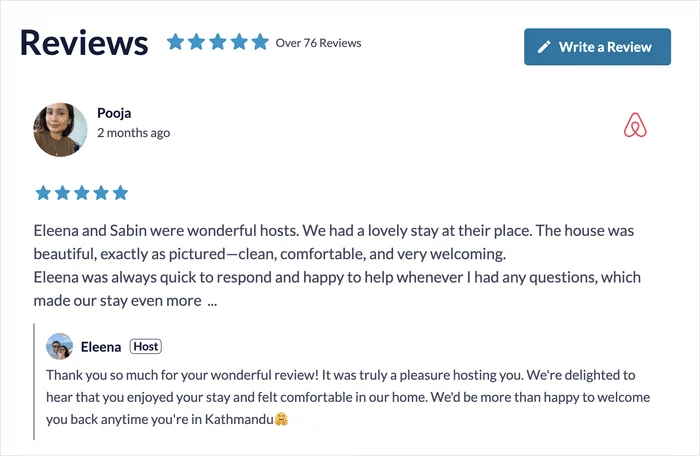 Airbnb guest review on a WordPress site with the host's reply shown underneath it