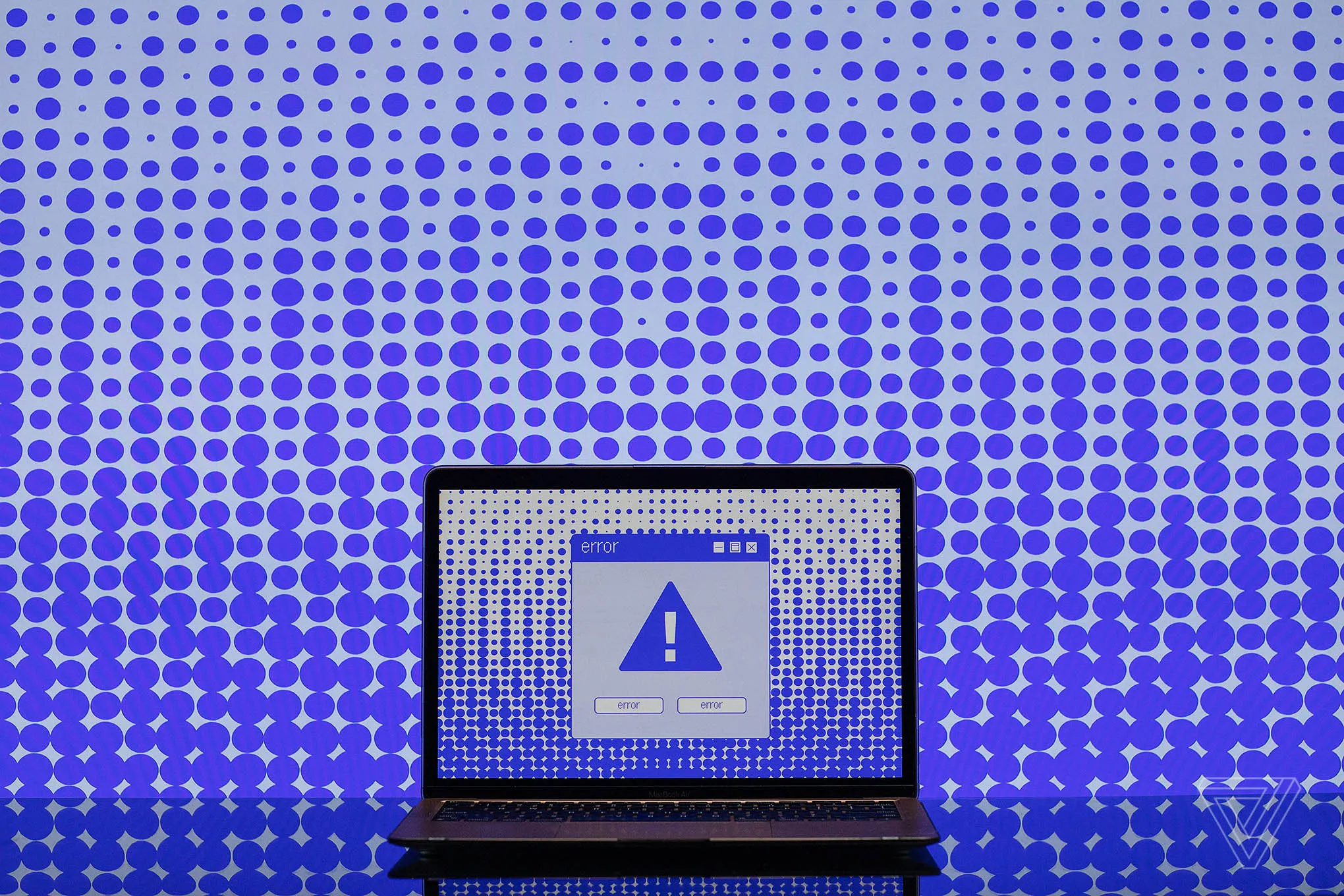 Illustration of a computer screen with a blue exclamation point on it and an error box.