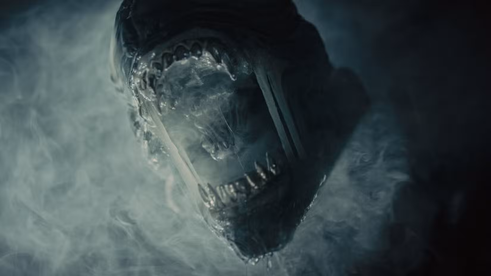A Xenomorph roaring through the smoke in Alien: Romulus.