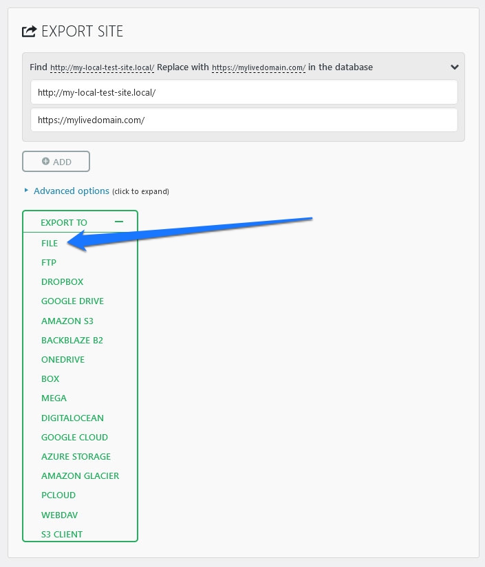 all in one wp migration export site