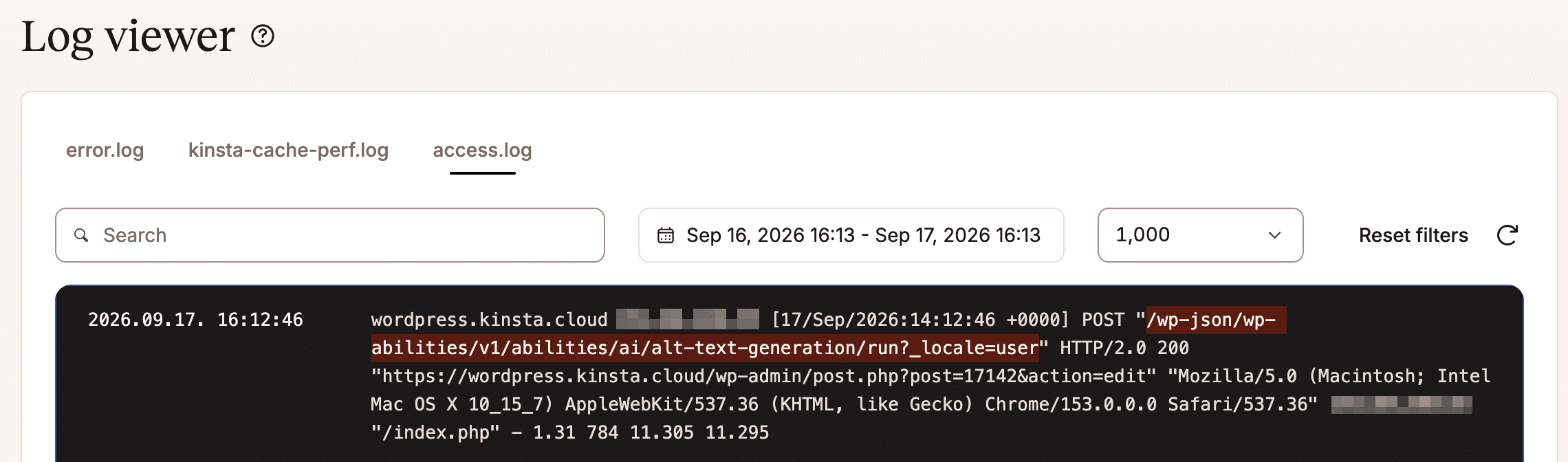 The alt text generation log.