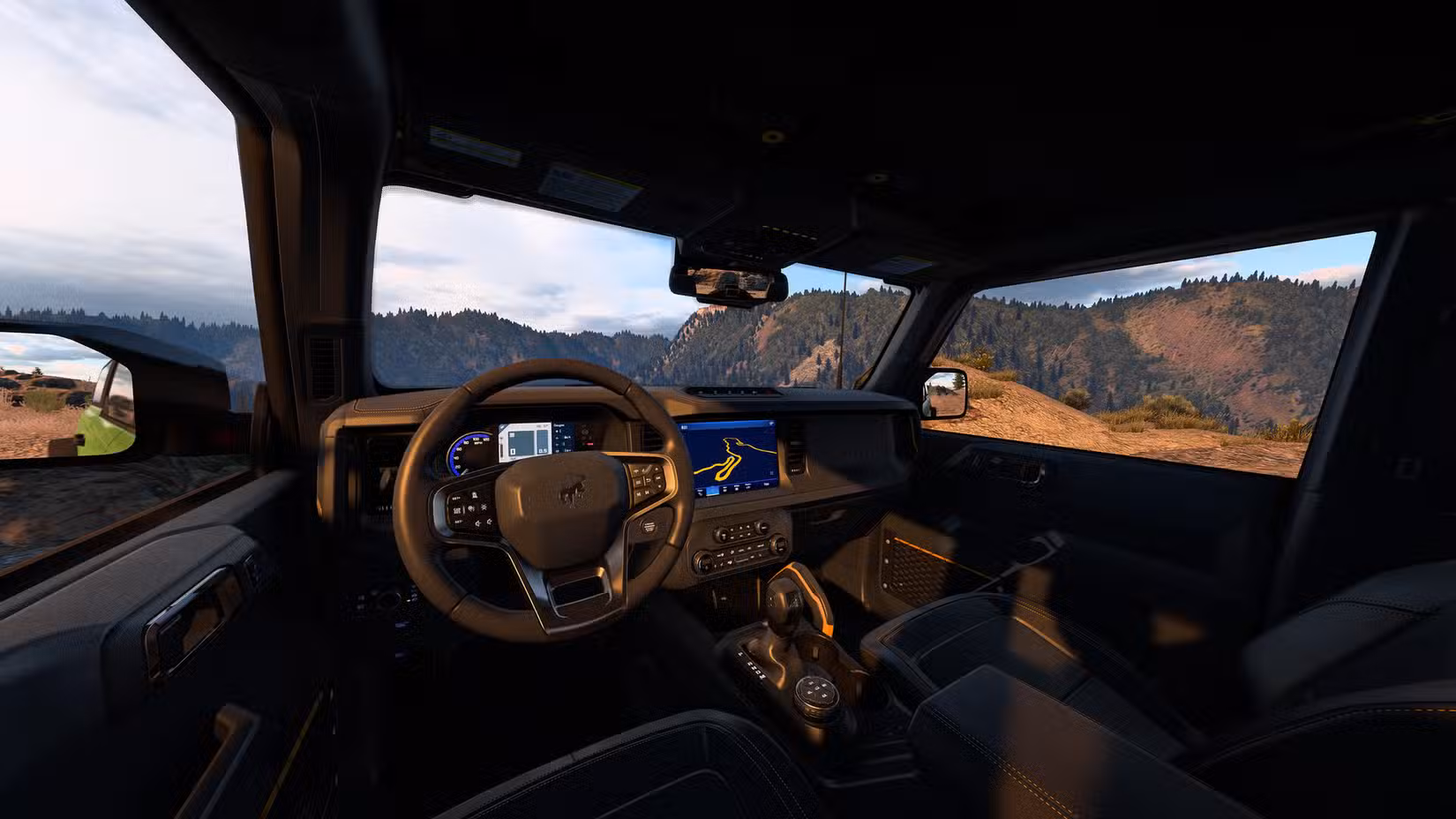 A detailed car interior with views onto mountains