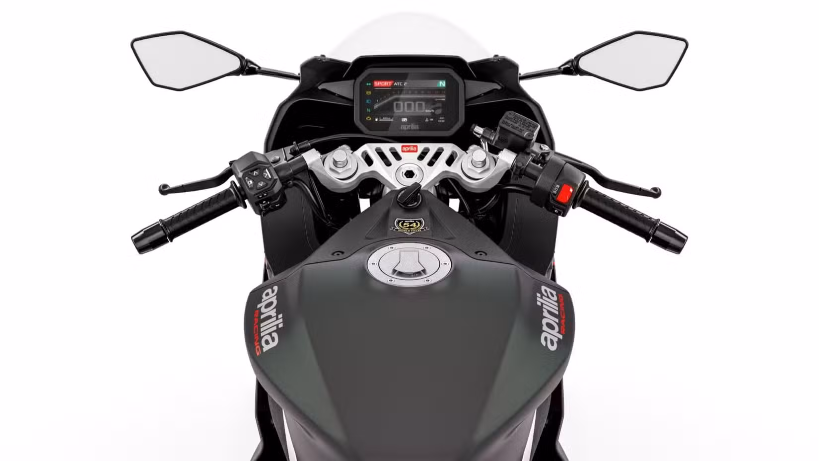 Studio shot of the Aprilia RS 457's cockpit showing its 5.0-inch TFT display