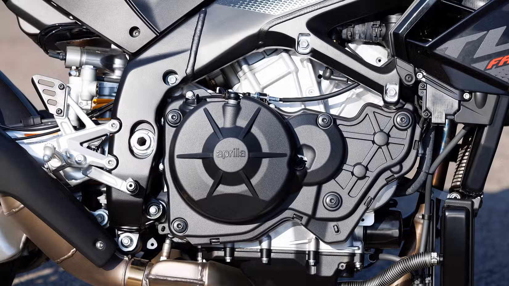Aprilia Tuono V4 1100 engine close up detail shot of 65 degree V4