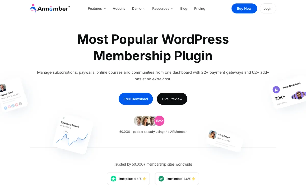 ARMember homepage titled Most Popular WordPress Membership Plugin, with Free Download and Live Preview buttons.