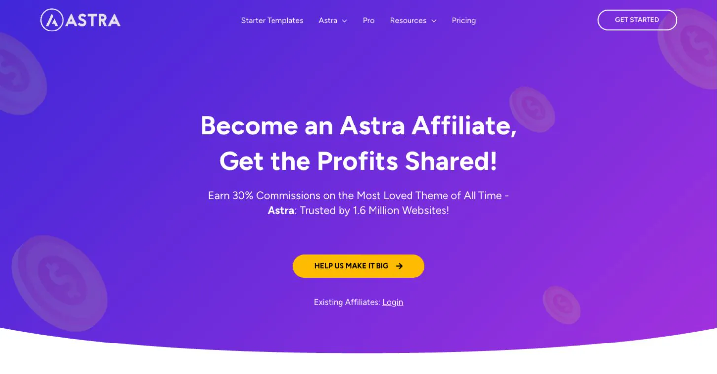 Astra affiliate program page advertising a 30 percent commission on its WordPress theme.