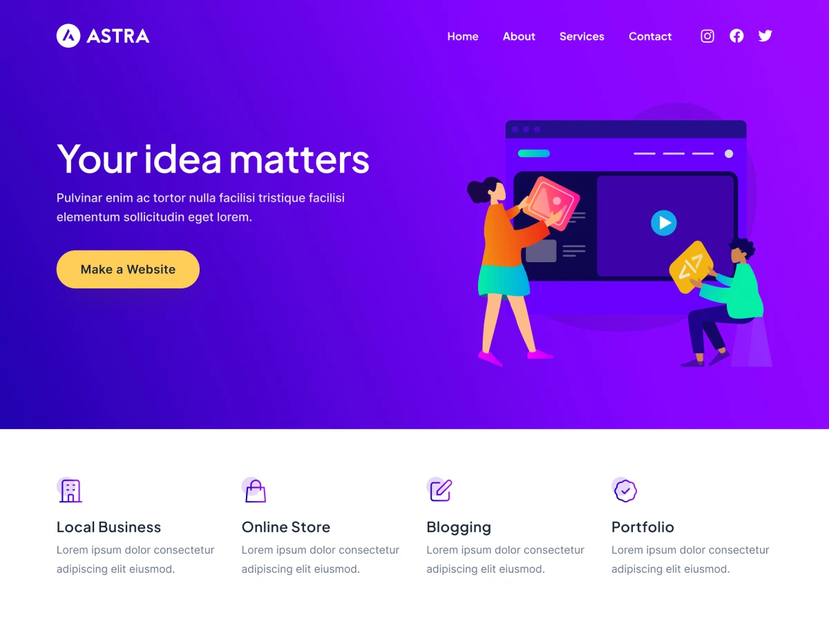 Astra theme preview with a purple hero section and cards for business, shop, blog and portfolio websites.