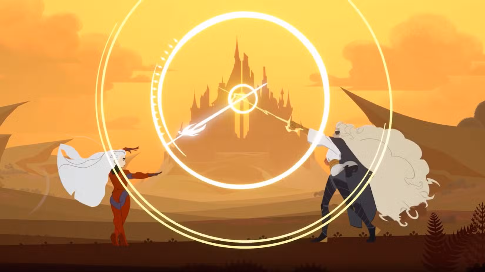 A princess dueling her sibling with magical swords in At Fate's End