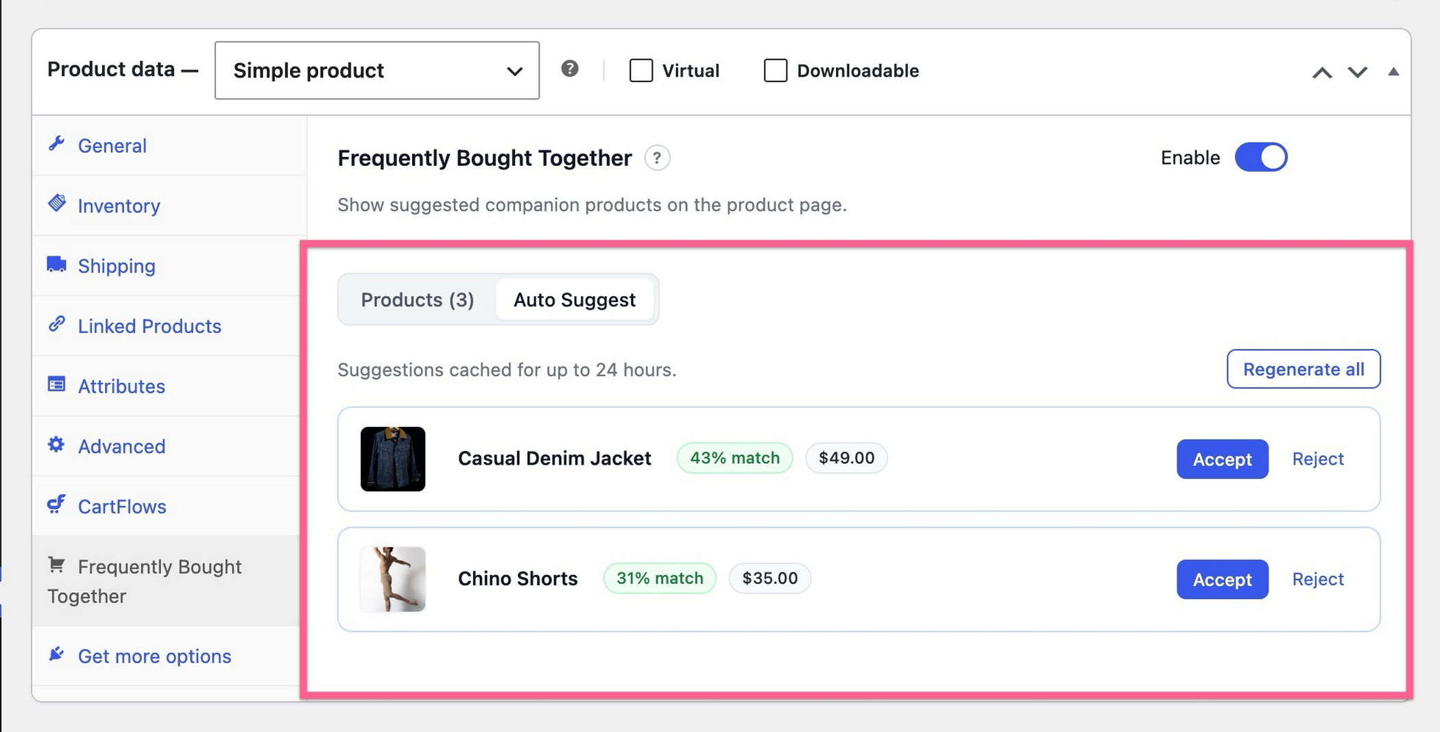 Auto Suggest results showing match percentages for suggested companion products