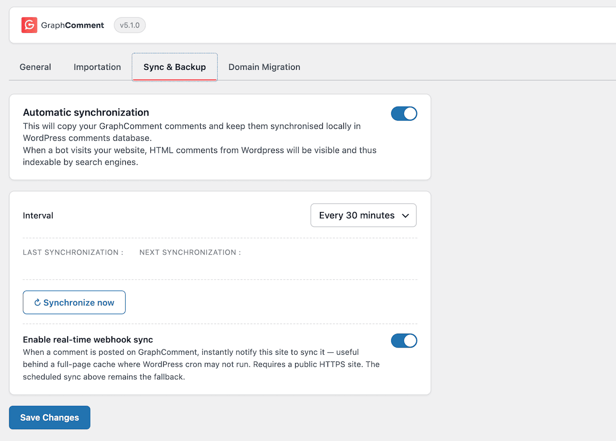 GraphComment's Synchronization toggle switch.