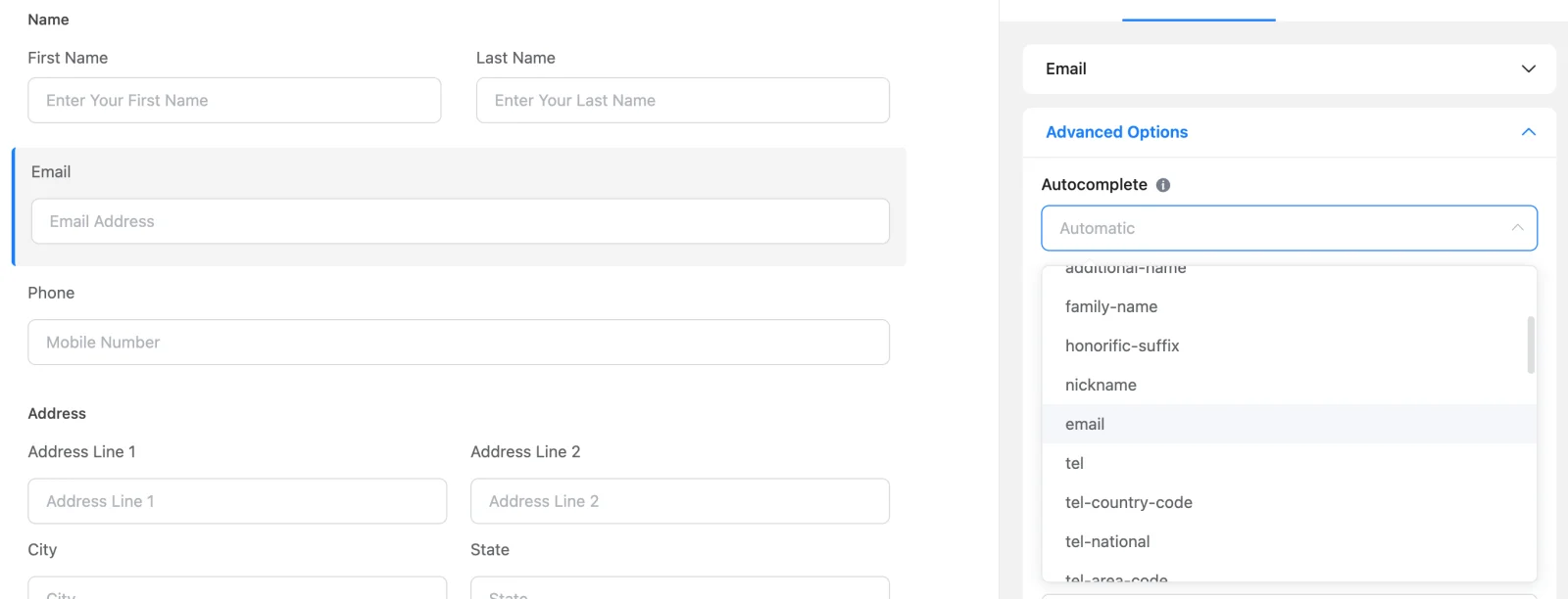The new Autocomplete setting under Advanced Options for an Email field