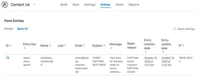 Formidable spam entries list showing flagged reason
