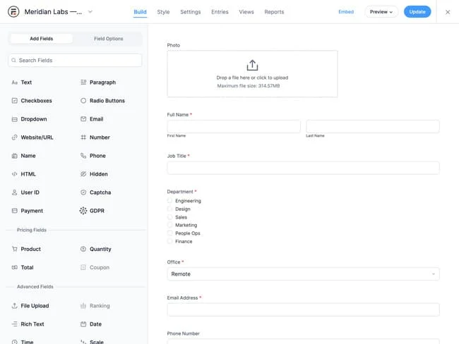 Meridian Labs form builder interface showing field options panel on left and photo upload form preview on right.