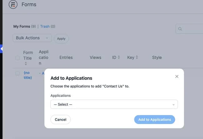 New modal for assigning a form to an application directly from the forms list