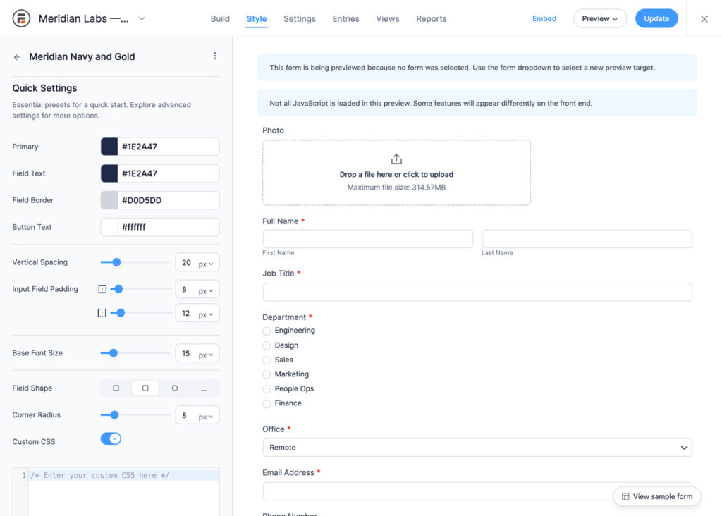 Form builder interface showing style color settings with navy and gold theme, including primary color #1E2A47 and field options.