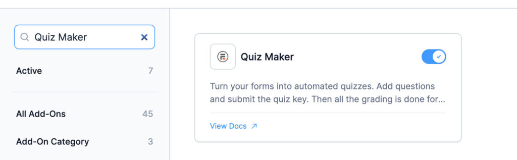 Formidable → Add-Ons with the Quizzes add-on activated