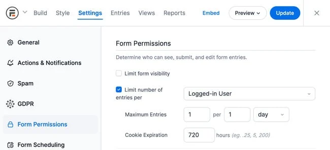 Formidable Forms Submission Limit Settings