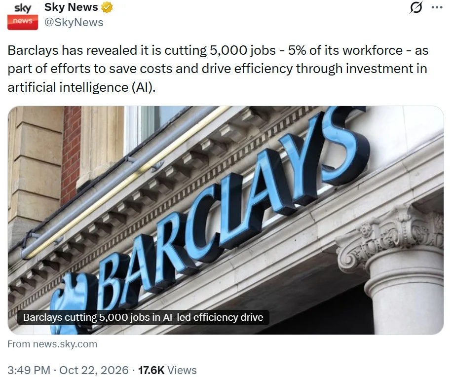 Sky News reports that Barclays plans to cut 5% of its workforce