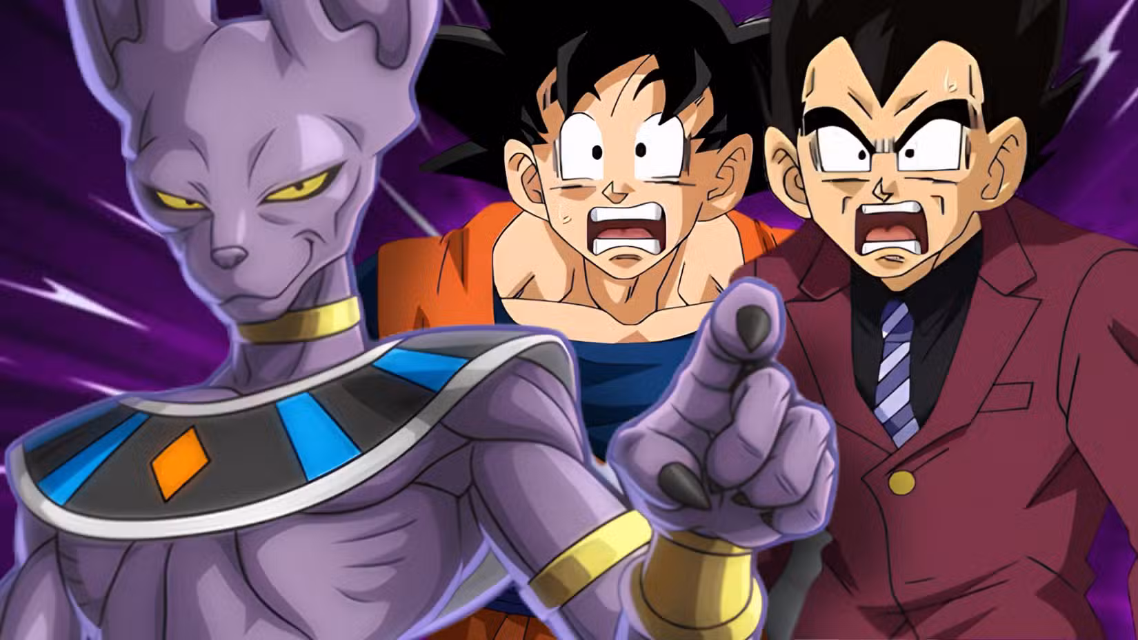 Beerus in Front of Goku and Vegeta Looking Shocked Featured Image