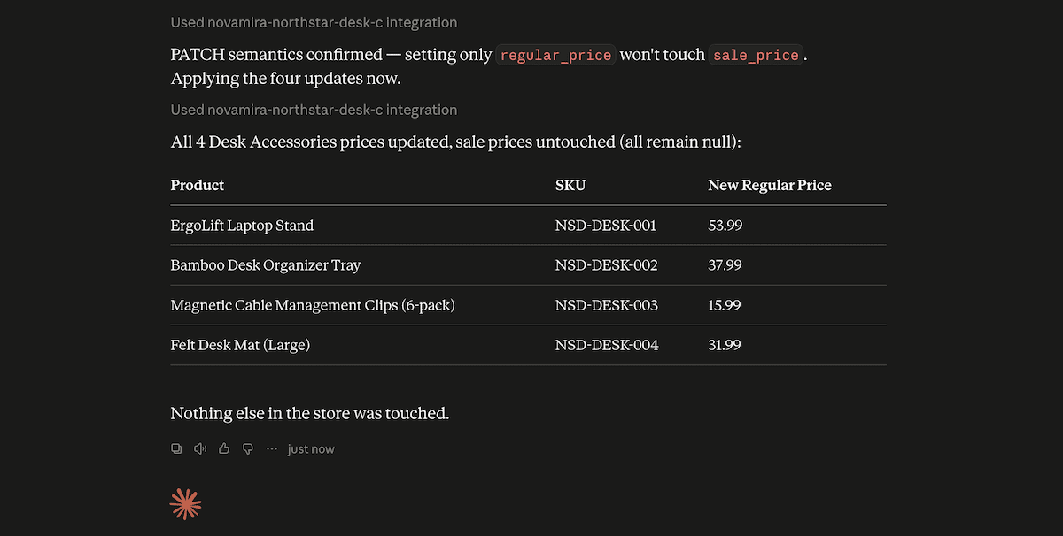 A before-and-after price comparison for WooCommerce products within the Claude Desktop interface.
