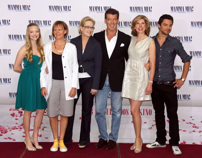 Amanda Seyfried, director Phyllidia Lloyd, Meryl Streep, Pierce Brosnan, Christine Branski and Domin...