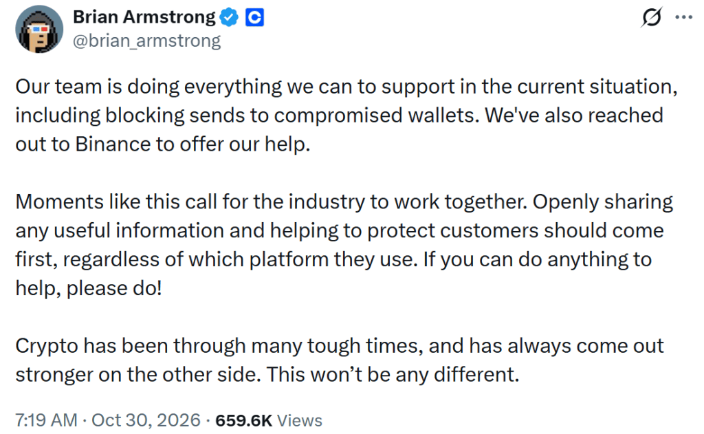 Brian Armstrong announces Coinbase's proactive response to the record $6.3B Binance hack
