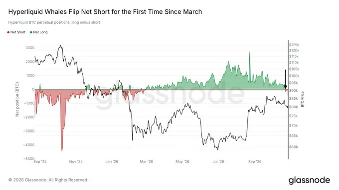 Hyperliquid whales turned net short on Bitcoin perpetuals for the first time since March 2026